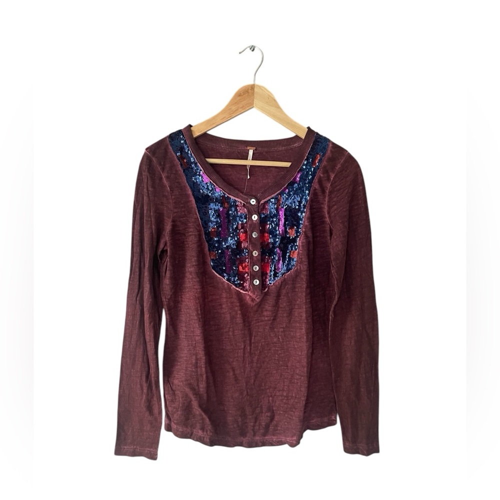 NWT FREE PEOPLE Burgundy Top with Sequin Detail